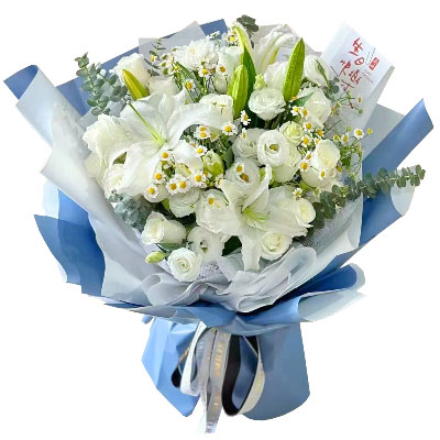 开封11朵白玫瑰桔梗百合，爱永恒不息